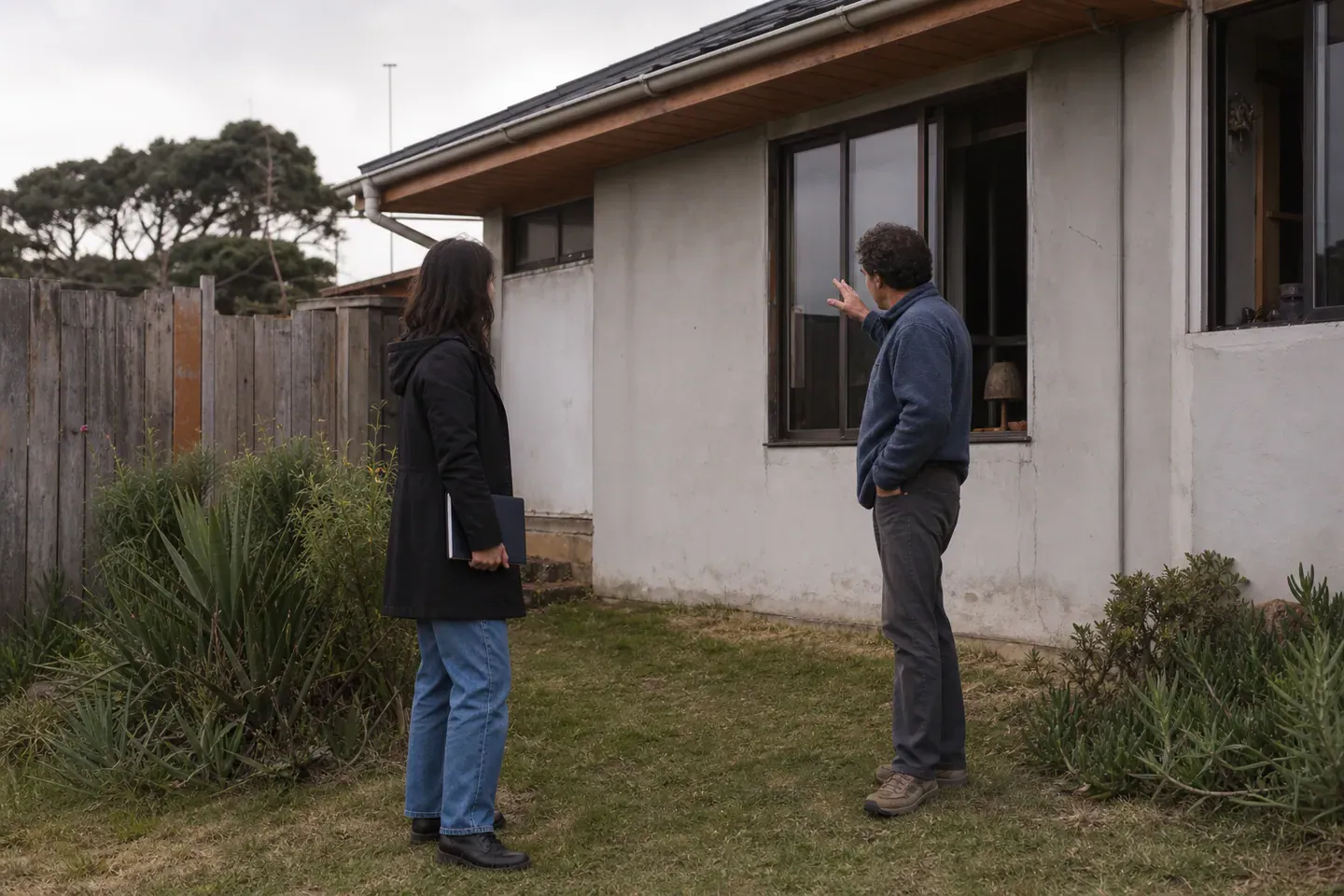 Dos personas conversan frente a una vivienda sobre el área que se quiere intervenir.