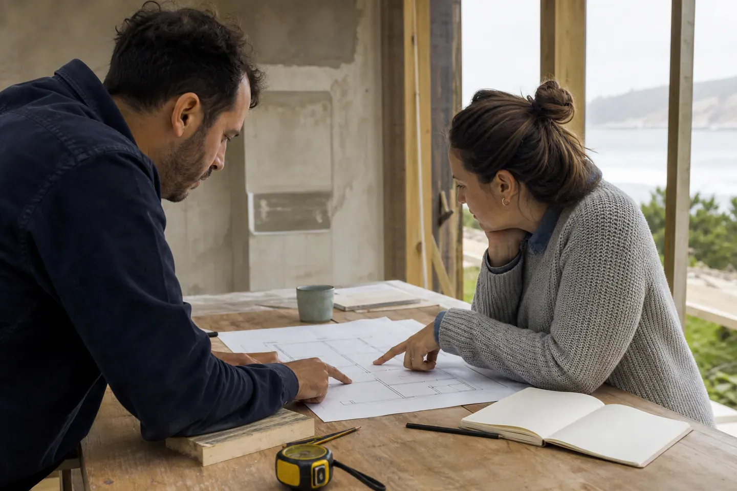 Dos personas revisan un plano y toman decisiones sobre una vivienda en obra.