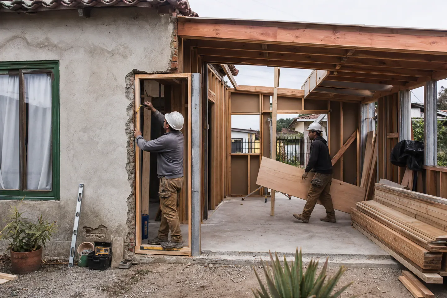 Ampliación de madera conectada a una vivienda existente durante su construcción.