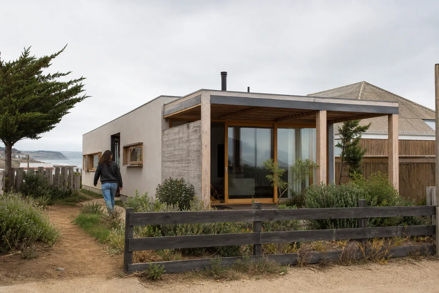 Vivienda costera compacta de hormigón y madera junto a un jardín cotidiano.