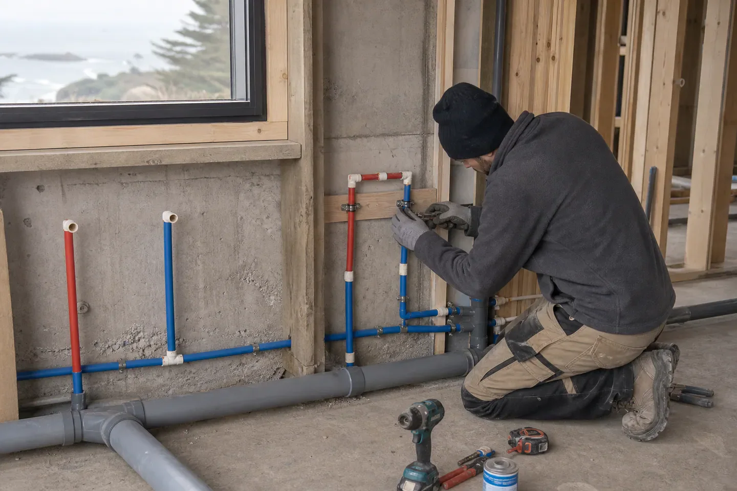 Instalador coordinando tuberías sanitarias dentro de una vivienda en construcción.