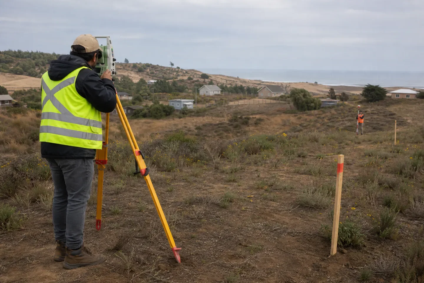Levantamiento topográfico en un terreno de paisaje costero.
